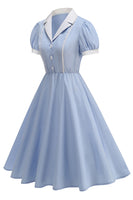 Laden Sie das Bild in den Galerie-Viewer, Eingeschnittenes Revers Blaues Einreihiges Kleid aus den 1950er Jahren