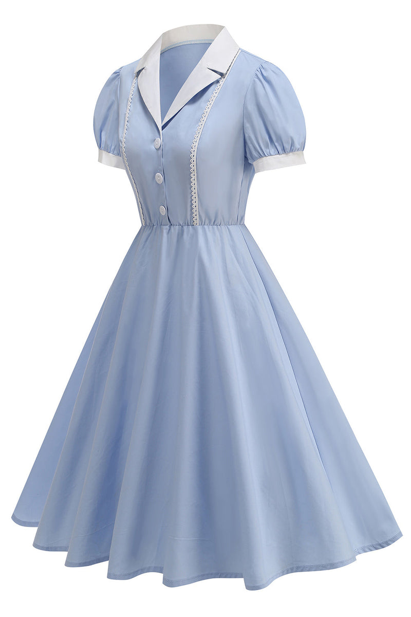 Laden Sie das Bild in den Galerie-Viewer, Eingeschnittenes Revers Blaues Einreihiges Kleid aus den 1950er Jahren