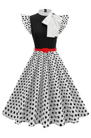 Laden Sie das Bild in den Galerie-Viewer, Hoher Ausschnitt mit gepunkteten Punkten Schwarz A-Linie Kleid der 1950er Jahre mit Schleife