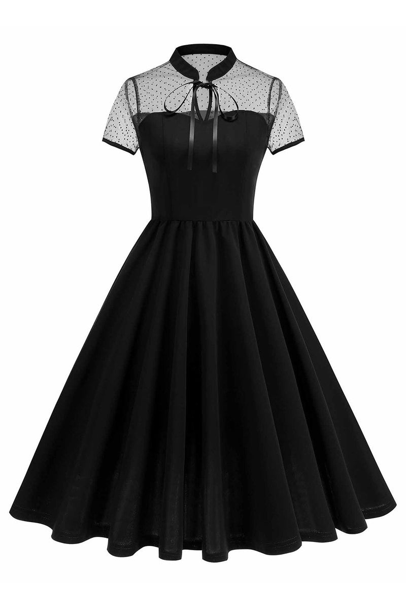 Laden Sie das Bild in den Galerie-Viewer, Schwarzes Halsausschnitt A-Linien Kleid der 1950er Jahre mit Punkten