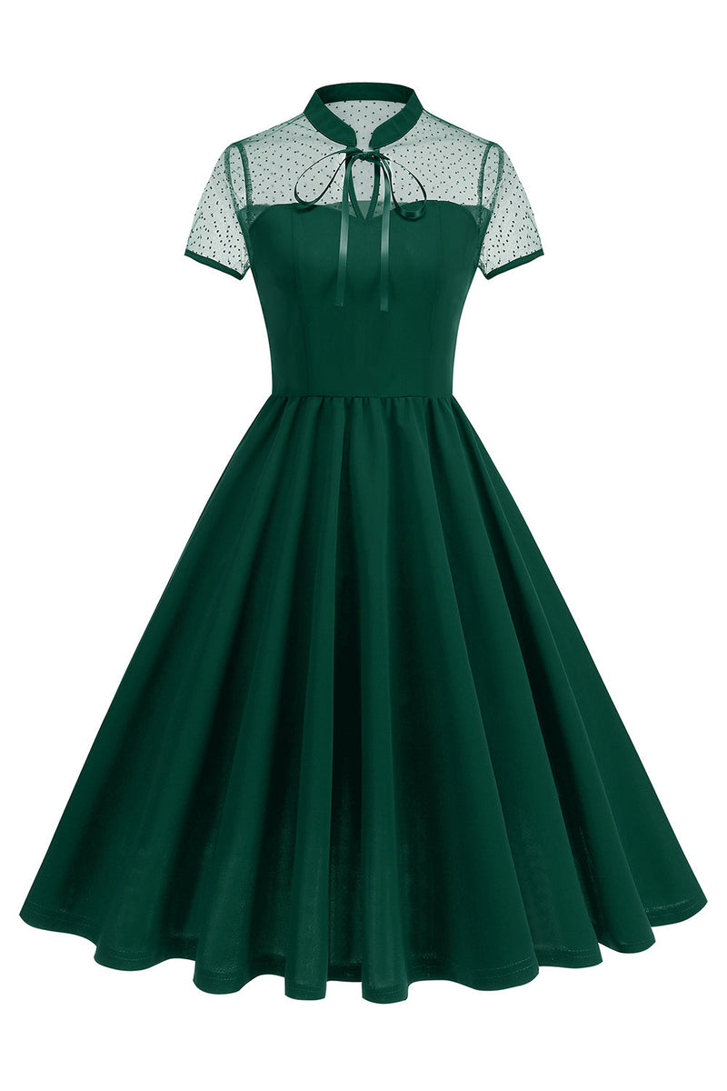 Laden Sie das Bild in den Galerie-Viewer, Schwarzes Halsausschnitt A-Linien Kleid der 1950er Jahre mit Punkten