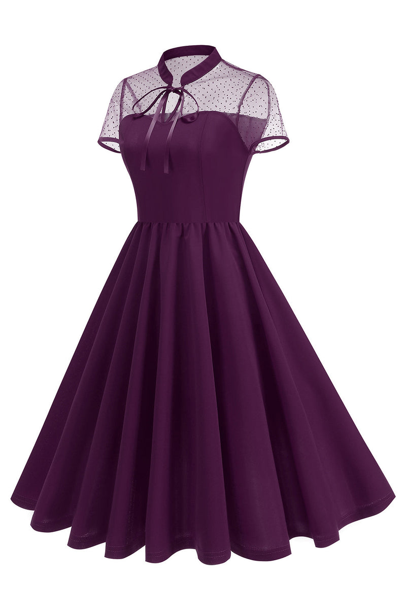 Laden Sie das Bild in den Galerie-Viewer, Schwarzes Halsausschnitt A-Linien Kleid der 1950er Jahre mit Punkten