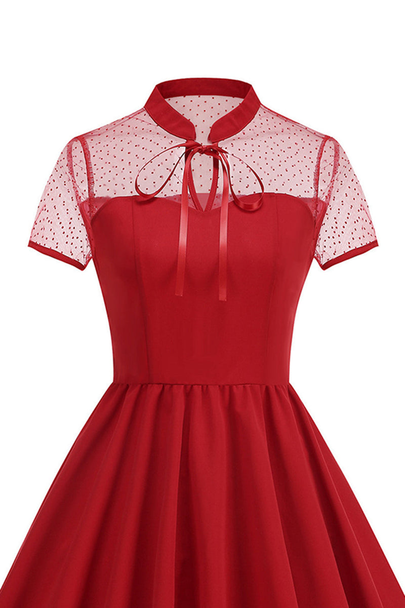 Laden Sie das Bild in den Galerie-Viewer, Schwarzes Halsausschnitt A-Linien Kleid der 1950er Jahre mit Punkten