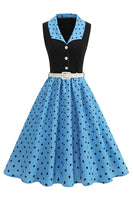 Laden Sie das Bild in den Galerie-Viewer, Blaues A-Linie Polka Dots Schal Revers 1950er Kleid