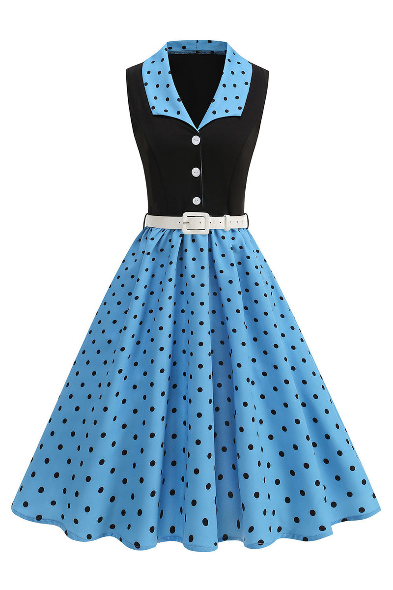 Laden Sie das Bild in den Galerie-Viewer, Blaues A-Linie Polka Dots Schal Revers 1950er Kleid