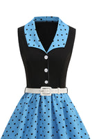 Laden Sie das Bild in den Galerie-Viewer, Blaues A-Linie Polka Dots Schal Revers 1950er Kleid