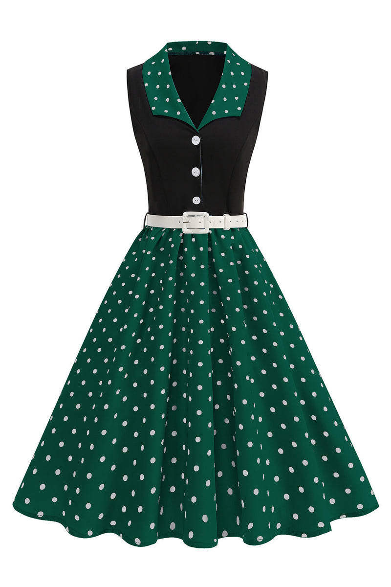 Laden Sie das Bild in den Galerie-Viewer, Blaues A-Linie Polka Dots Schal Revers 1950er Kleid