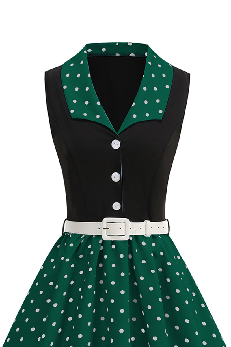 Laden Sie das Bild in den Galerie-Viewer, Blaues A-Linie Polka Dots Schal Revers 1950er Kleid