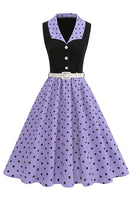 Laden Sie das Bild in den Galerie-Viewer, Blaues A-Linie Polka Dots Schal Revers 1950er Kleid