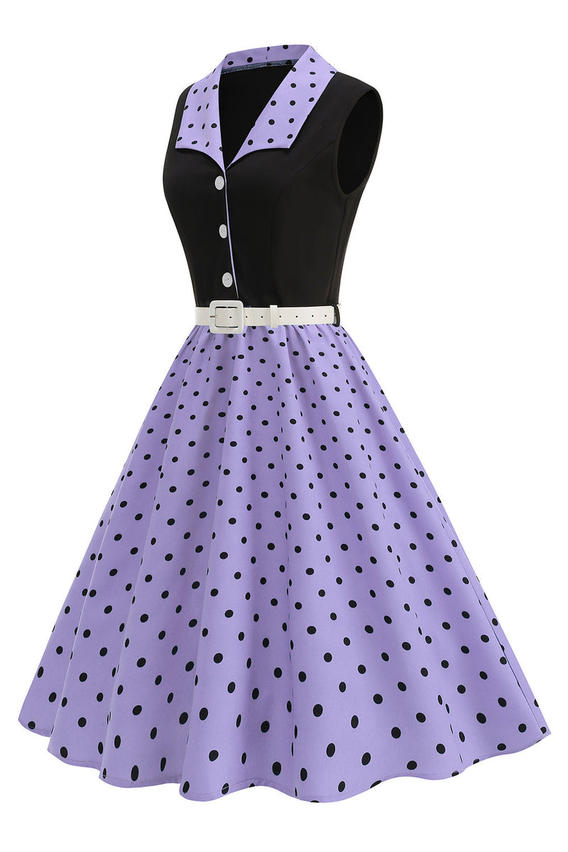 Laden Sie das Bild in den Galerie-Viewer, Blaues A-Linie Polka Dots Schal Revers 1950er Kleid