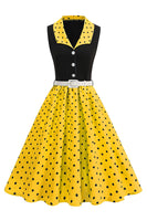 Laden Sie das Bild in den Galerie-Viewer, Blaues A-Linie Polka Dots Schal Revers 1950er Kleid