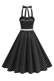 Polka Dots Halter Schwarz A-Linie Kleid der 1950er Jahre mit Schleife