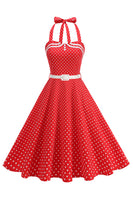 Laden Sie das Bild in den Galerie-Viewer, Polka Dots Halter Schwarz A-Linie Kleid der 1950er Jahre mit Schleife