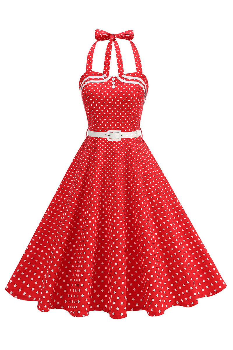 Laden Sie das Bild in den Galerie-Viewer, Polka Dots Halter Schwarz A-Linie Kleid der 1950er Jahre mit Schleife