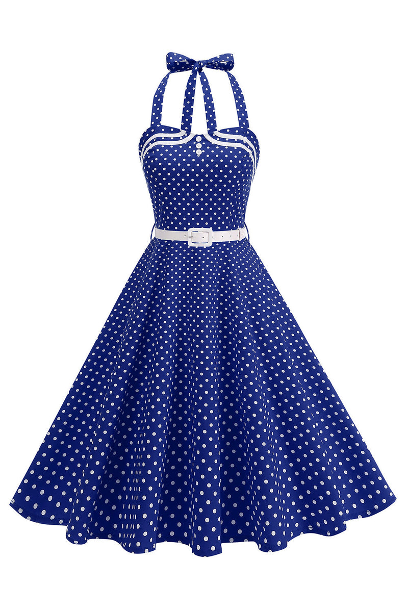 Laden Sie das Bild in den Galerie-Viewer, Polka Dots Halter Schwarz A-Linie Kleid der 1950er Jahre mit Schleife