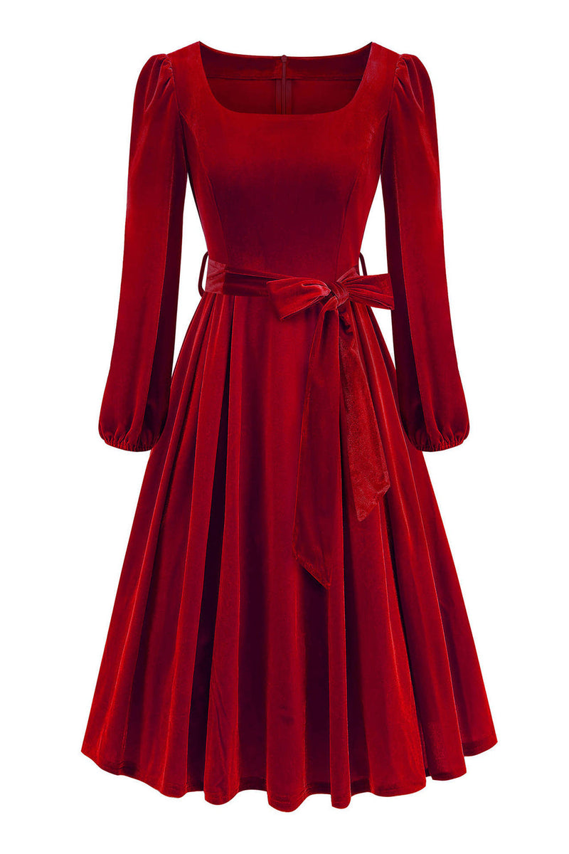 Laden Sie das Bild in den Galerie-Viewer, Dunkelgrünes Langarm A-Linie Kleid 1950er Jahre mit Gürtel