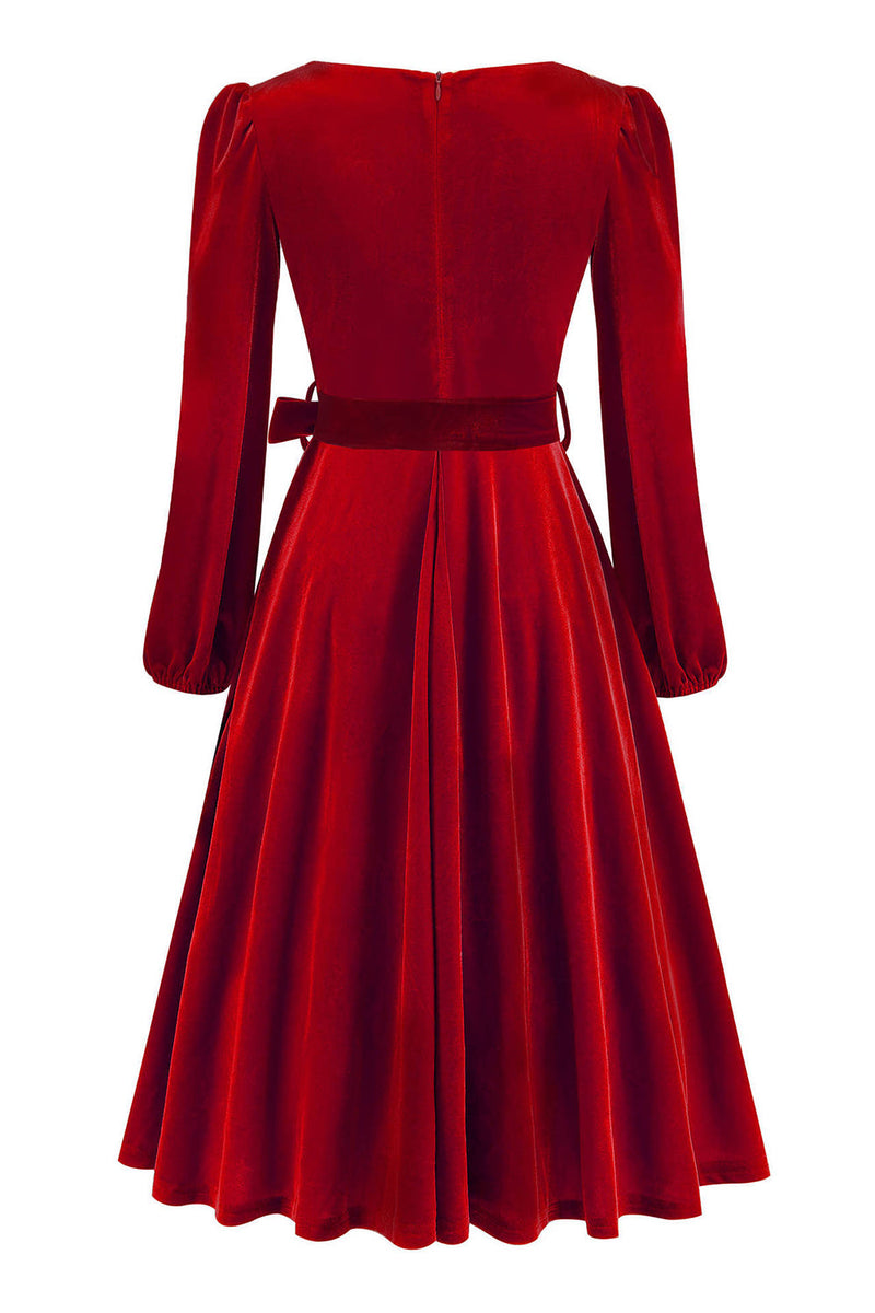 Laden Sie das Bild in den Galerie-Viewer, Dunkelgrünes Langarm A-Linie Kleid 1950er Jahre mit Gürtel