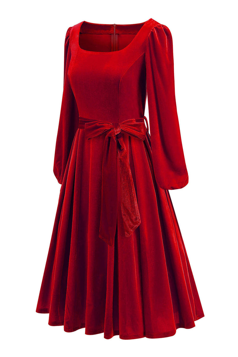 Laden Sie das Bild in den Galerie-Viewer, Dunkelgrünes Langarm A-Linie Kleid 1950er Jahre mit Gürtel