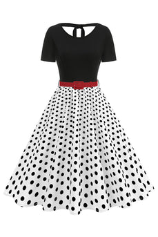 Rundhals Schwarze Polkapunkte A-Linie Kleid der 1950er Jahre