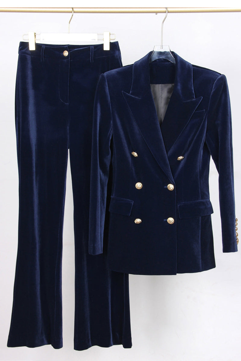 Laden Sie das Bild in den Galerie-Viewer, Dunkelrote Zweiteilige Doppelreihige Samt Revers Damenanzüge