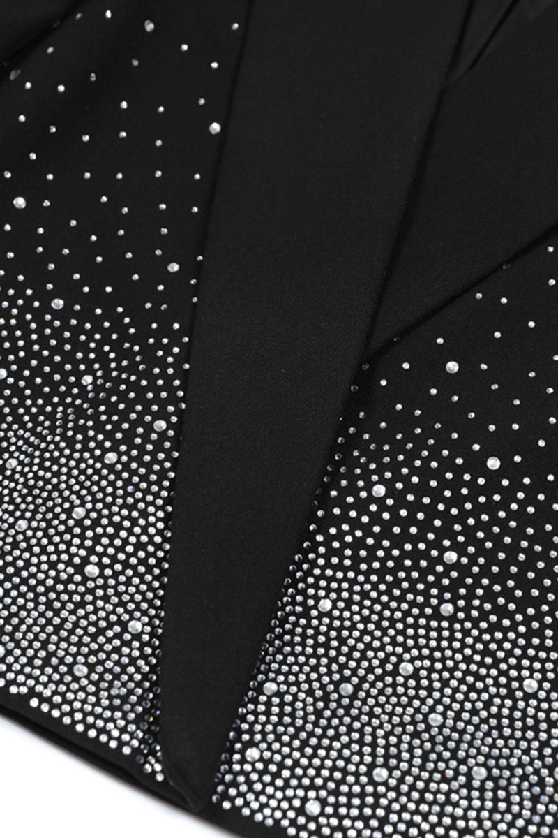 Laden Sie das Bild in den Galerie-Viewer, Glitzernder Schwarzer Revers Damenblazer mit Perlen