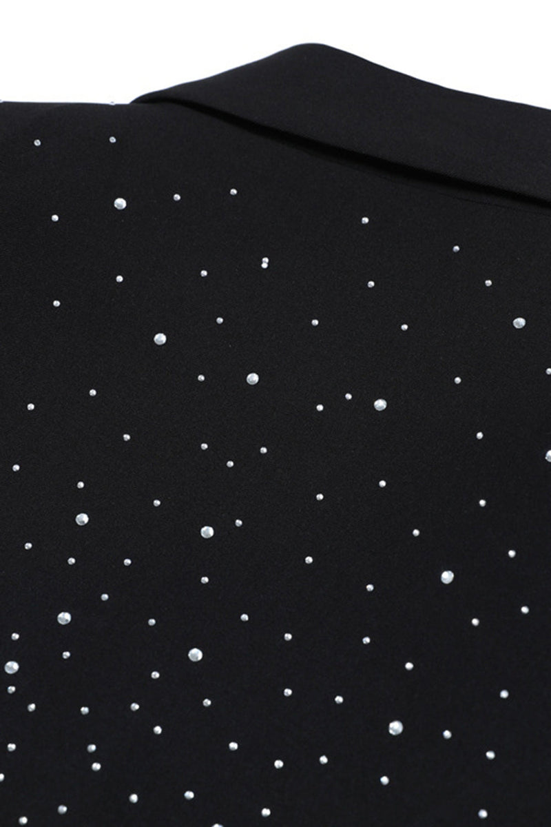 Laden Sie das Bild in den Galerie-Viewer, Glitzernder Schwarzer Revers Damenblazer mit Perlen