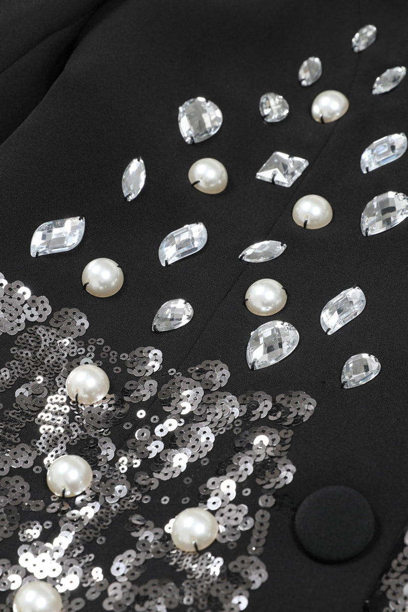 Laden Sie das Bild in den Galerie-Viewer, Schwarz Bestickter Zweireihiger Reversblazer