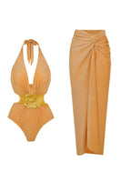 Laden Sie das Bild in den Galerie-Viewer, Goldener 2-teiliger Halter 3D-Blumenbadeanzug mit Strandkleid