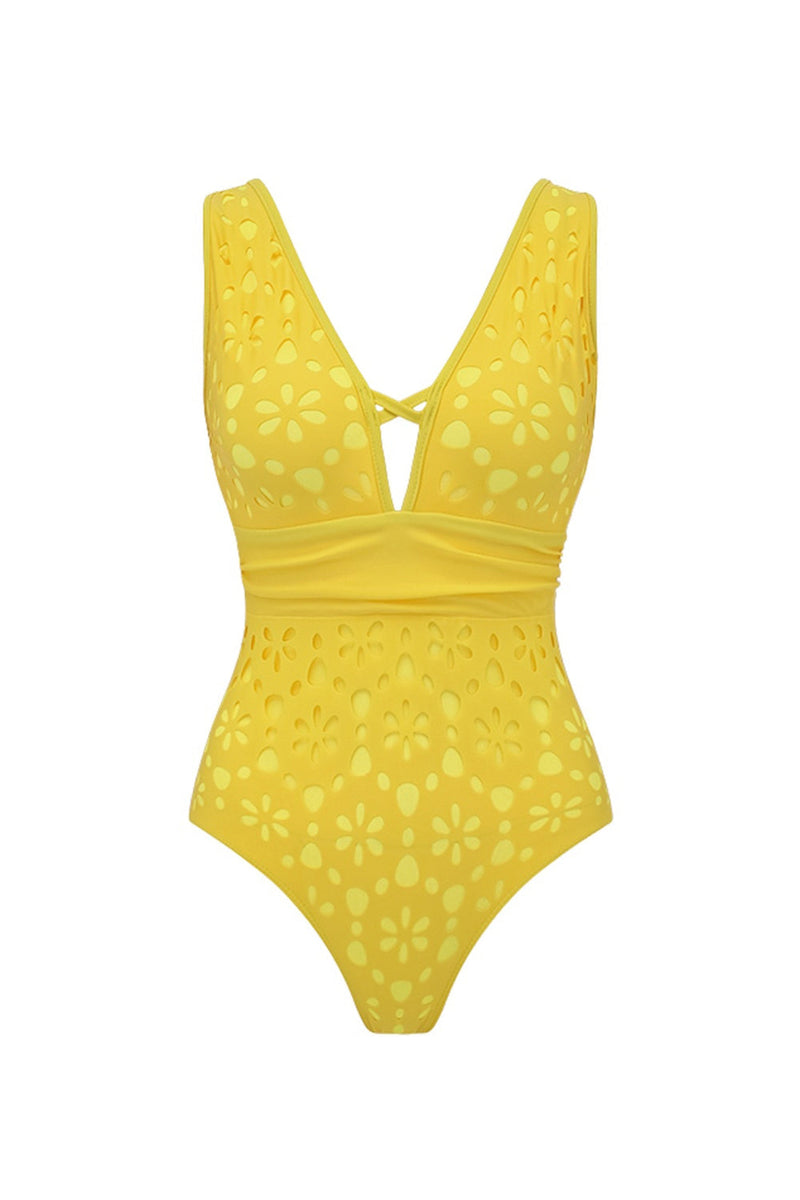 Laden Sie das Bild in den Galerie-Viewer, Gelber Zweiteiliger V-Ausschnitt Badeanzug mit Strandkleid