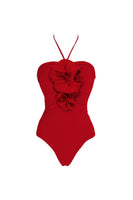 Laden Sie das Bild in den Galerie-Viewer, Roter Zweiteiliger Halter 3D-Blumenrüschen Badeanzug mit Strandkleid