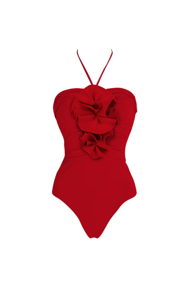 Laden Sie das Bild in den Galerie-Viewer, Roter Zweiteiliger Halter 3D-Blumenrüschen Badeanzug mit Strandkleid