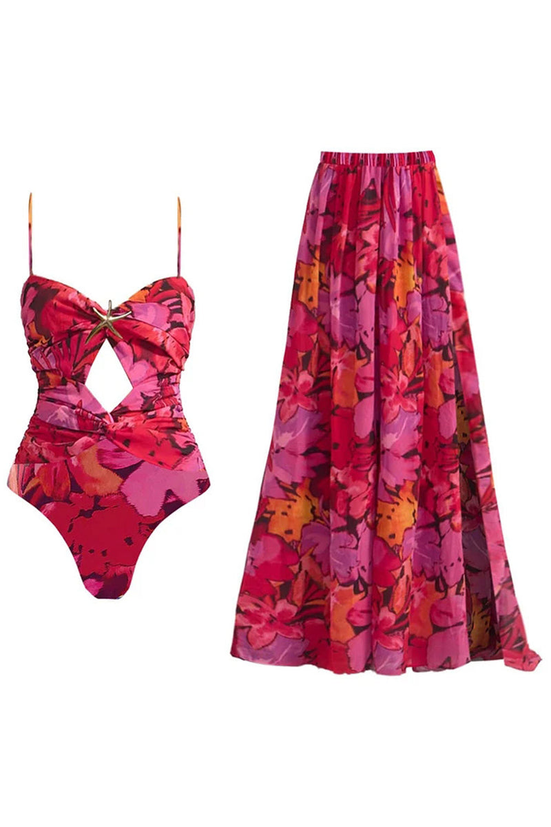 Laden Sie das Bild in den Galerie-Viewer, Rote Spaghetti-Träger Zweiteiliger Badeanzug mit Strandkleid