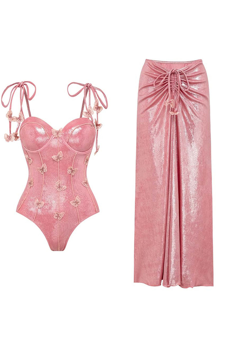 Laden Sie das Bild in den Galerie-Viewer, Blush Zweiteiliger Spaghettiträger Badeanzug mit Appliquierung und Strandkleid