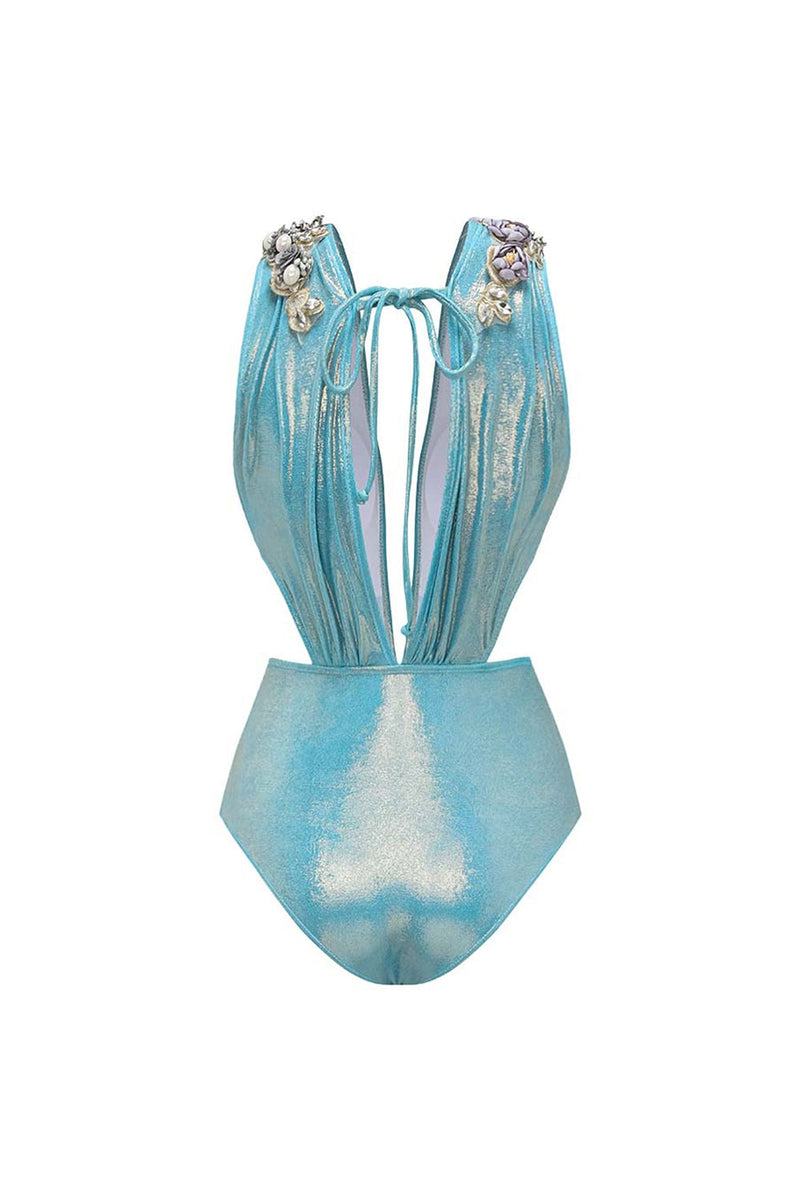 Laden Sie das Bild in den Galerie-Viewer, Metallicblauer V-Ausschnitt Zweiteiliger Perlen Badeanzug mit Strandkleidung