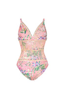 Laden Sie das Bild in den Galerie-Viewer, Rosa Geblümter Spaghetti-Träger Zweiteiliger Badeanzug mit Beachkleid