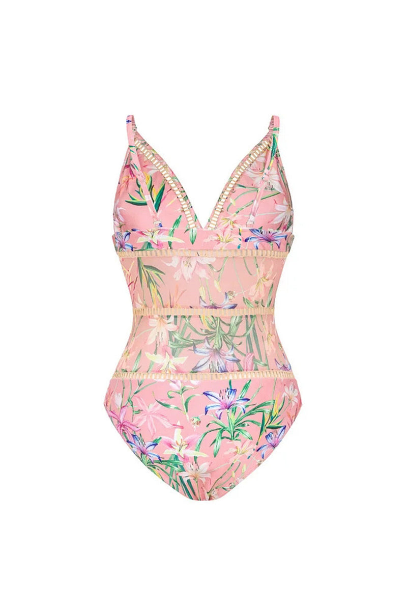 Laden Sie das Bild in den Galerie-Viewer, Rosa Geblümter Spaghetti-Träger Zweiteiliger Badeanzug mit Beachkleid