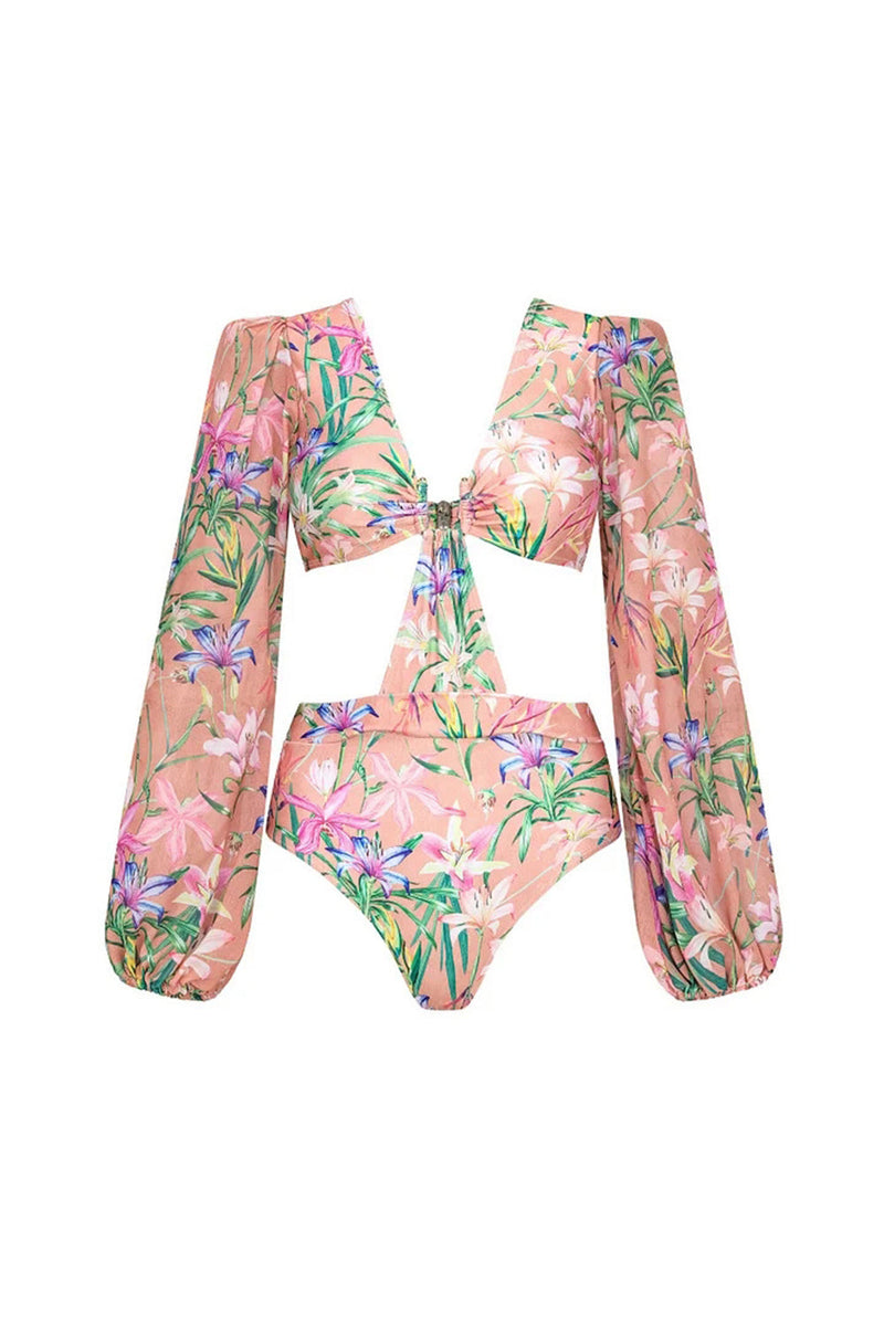 Laden Sie das Bild in den Galerie-Viewer, Rosa Blume Langarm Zweiteiliger Ausgeschnittener Badeanzug mit Rüschen und Strandkleid