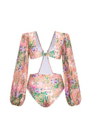 Laden Sie das Bild in den Galerie-Viewer, Rosa Blume Langarm Zweiteiliger Ausgeschnittener Badeanzug mit Rüschen und Strandkleid