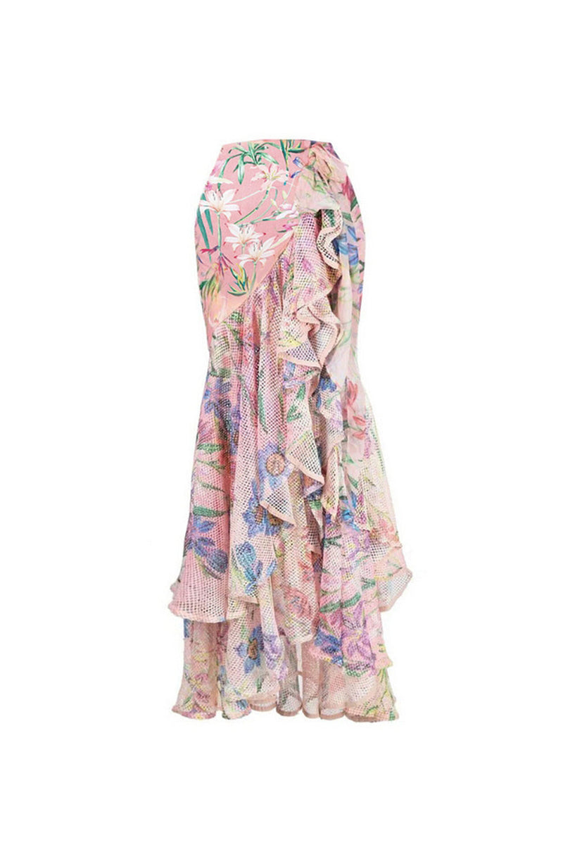 Laden Sie das Bild in den Galerie-Viewer, Rosa Blume Langarm Zweiteiliger Ausgeschnittener Badeanzug mit Rüschen und Strandkleid