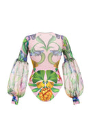 Laden Sie das Bild in den Galerie-Viewer, Zweiteiliger Langärmeliger V-Ausschnitt Rosa Blumen Badeanzug mit Strandkleid