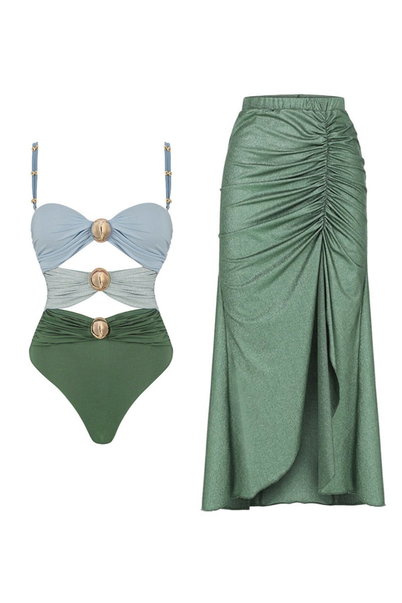 Laden Sie das Bild in den Galerie-Viewer, Schwarzer Spaghettiträger Zweiteiliger Badeanzug mit Badeanzug mit Strandkleid