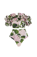 Laden Sie das Bild in den Galerie-Viewer, Schulterfreie dDreiteilige Grüne Rosa Blumen Rüschen Bademode mit Überdeckung