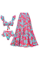 Laden Sie das Bild in den Galerie-Viewer, 3-teilige Blau Fuchsia Bademode mit Überdeckrock