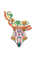 Laden Sie das Bild in den Galerie-Viewer, Eine Schulter Zweiteiler Orangeblauer Bademode mit Deckkleid