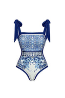 Laden Sie das Bild in den Galerie-Viewer, Blau-weiß-bedruckte Spaghetti-Träger Zweiteilige Bademode mit Überdeckung