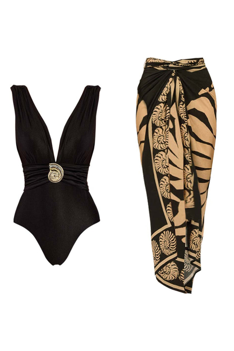 Laden Sie das Bild in den Galerie-Viewer, Schwarzer Tiefer V-Ausschnitt Zweiteiliger Bauchkontroll Badeanzug mit Deckrock