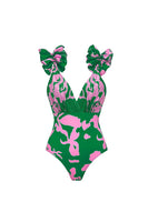 Laden Sie das Bild in den Galerie-Viewer, Dunkelgrüner Zweiteiliger Blumen V-Hals Badeanzug mit Deckmantel