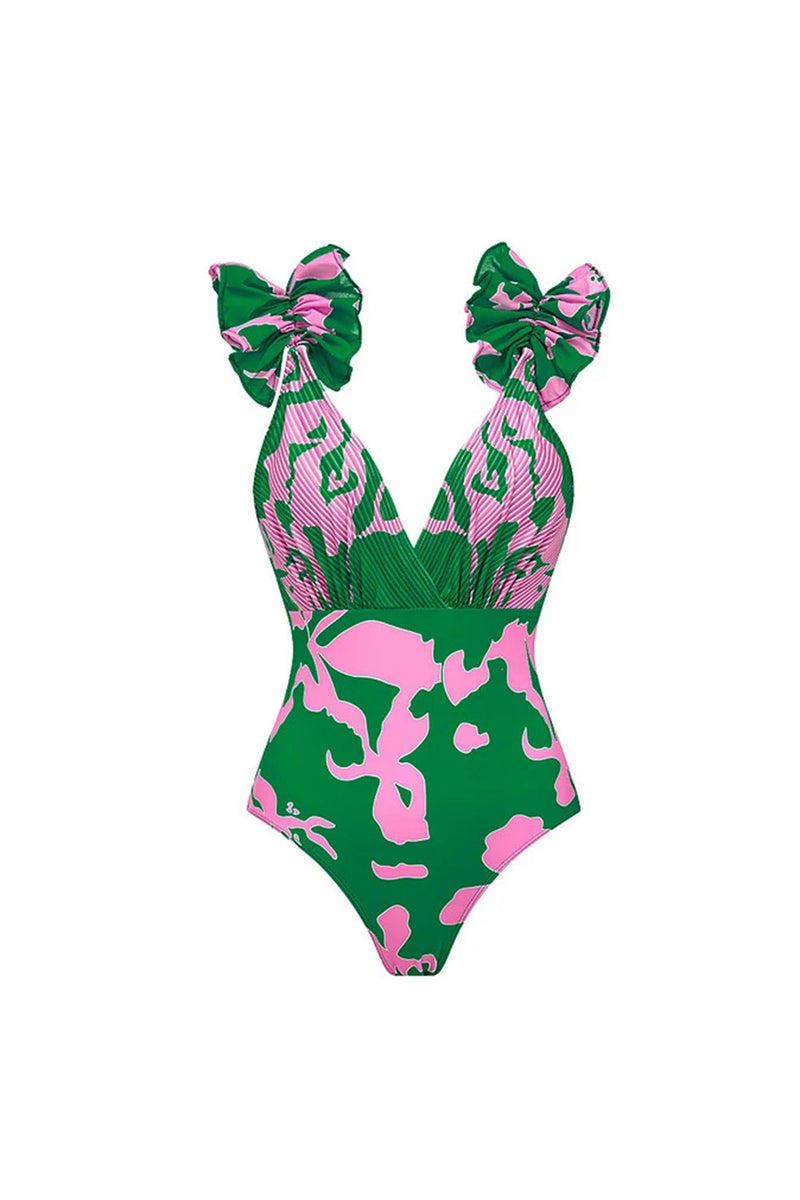 Laden Sie das Bild in den Galerie-Viewer, Dunkelgrüner Zweiteiliger Blumen V-Hals Badeanzug mit Deckmantel