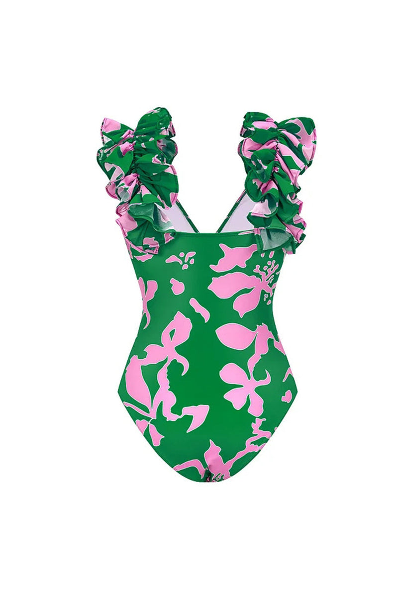 Laden Sie das Bild in den Galerie-Viewer, Dunkelgrüner Zweiteiliger Blumen V-Hals Badeanzug mit Deckmantel