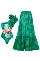 Laden Sie das Bild in den Galerie-Viewer, Dunkelgrüner Einschulteriger Zweiteiliger Badeanzug mit Rüschen und Deckmantel